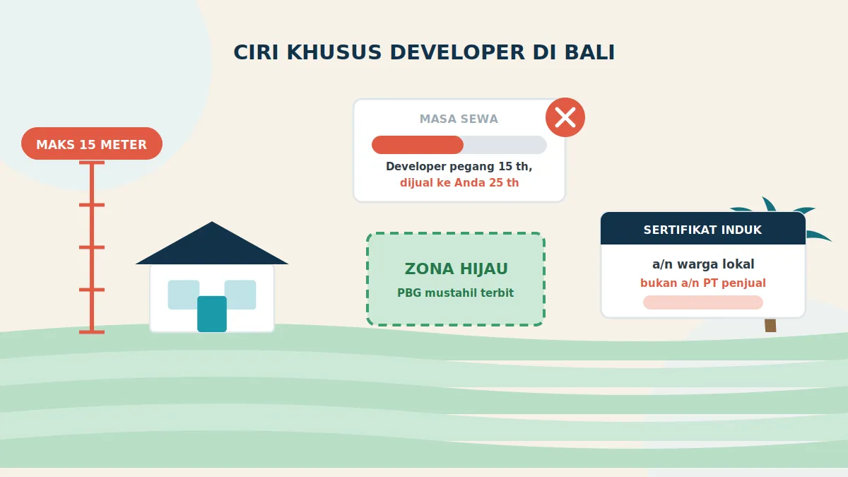 Ciri khusus developer properti di Bali terkait leasehold, sertifikat induk, dan zonasi